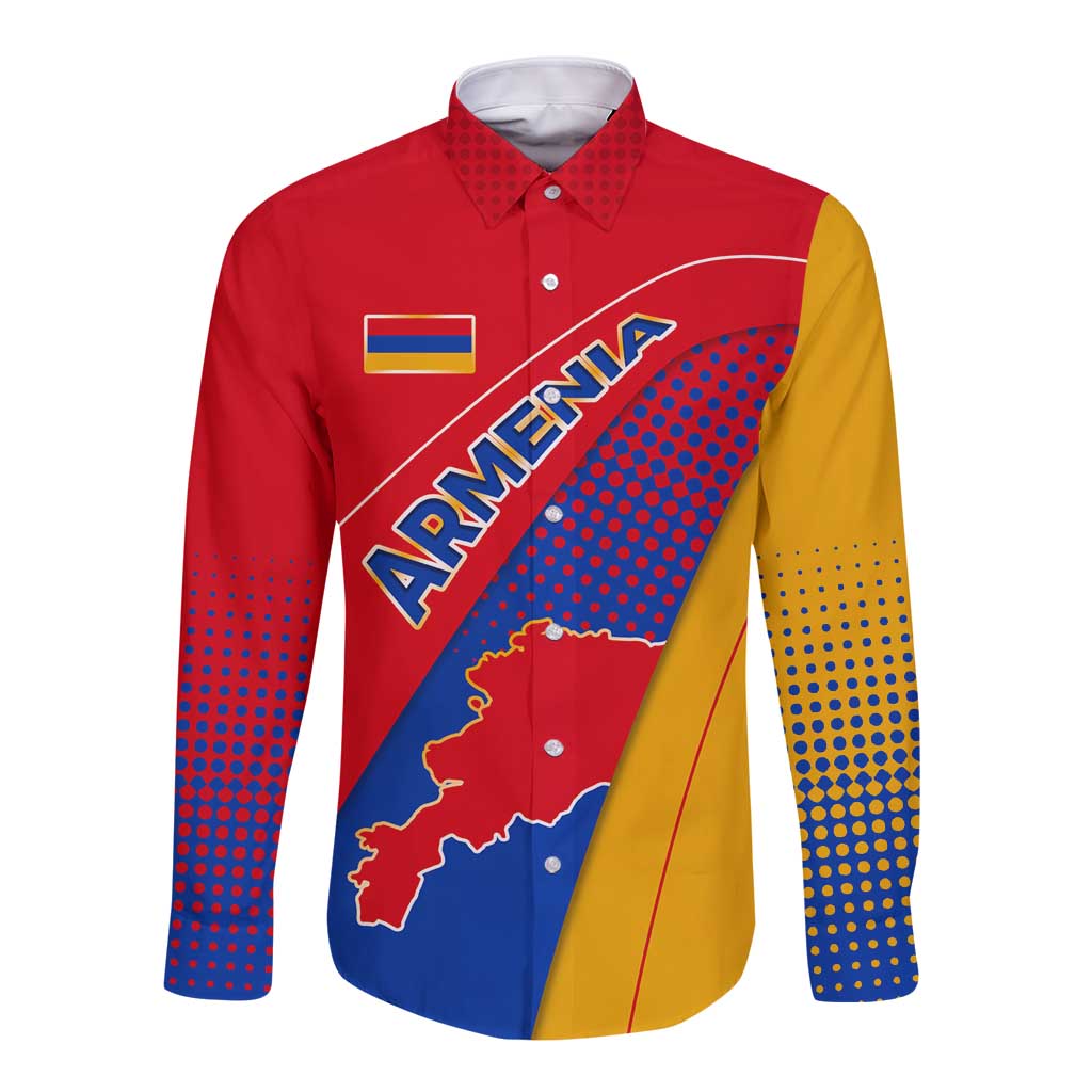 Armenia Flag Colors Long Sleeve Button Shirt with National Emblem and Map Design - Wonder Print Shop