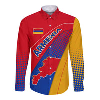 Armenia Flag Colors Long Sleeve Button Shirt with National Emblem and Map Design - Wonder Print Shop