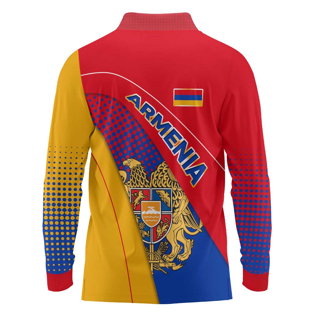Armenia Flag Colors Long Sleeve Polo Shirt with National Emblem and Map Design - Wonder Print Shop