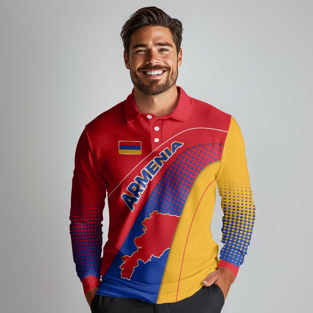 Armenia Flag Colors Long Sleeve Polo Shirt with National Emblem and Map Design - Wonder Print Shop