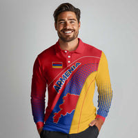 Armenia Flag Colors Long Sleeve Polo Shirt with National Emblem and Map Design - Wonder Print Shop