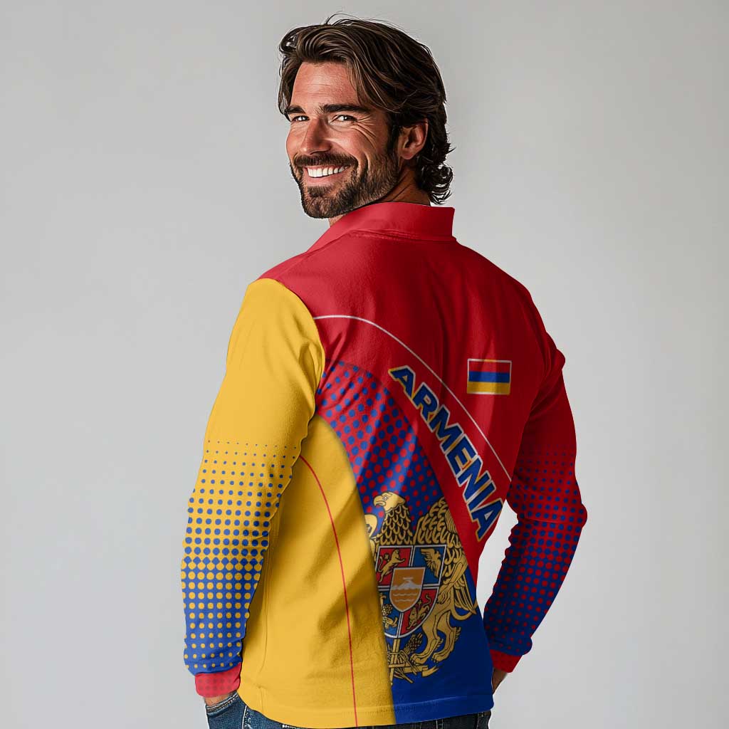 Armenia Flag Colors Long Sleeve Polo Shirt with National Emblem and Map Design - Wonder Print Shop