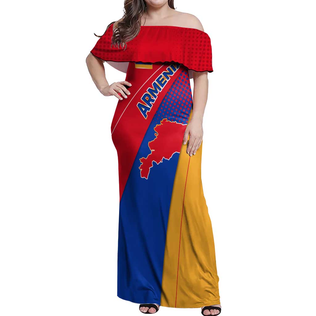 Armenia Flag Colors Off Shoulder Maxi Dress with National Emblem and Map Design - Wonder Print Shop
