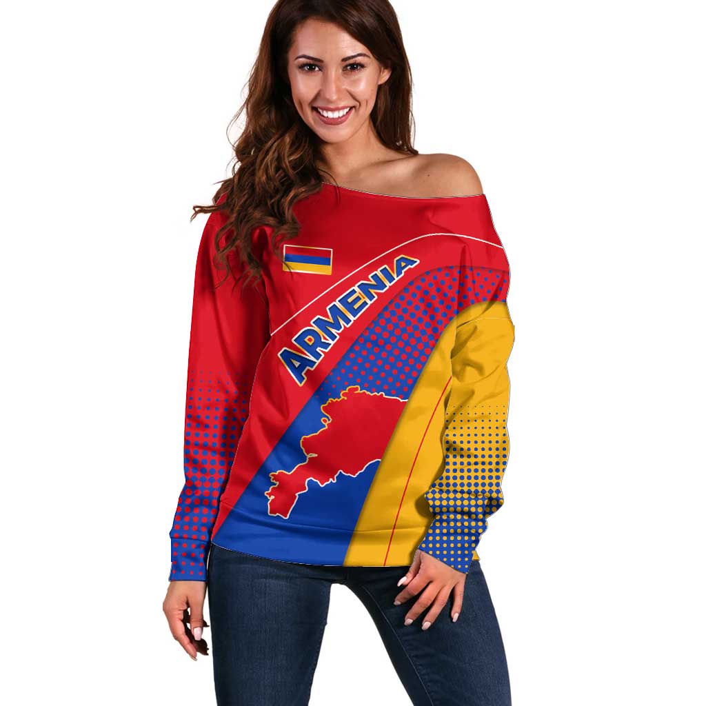 Armenia Flag Colors Off Shoulder Sweater with National Emblem and Map Design - Wonder Print Shop