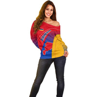 Armenia Flag Colors Off Shoulder Sweater with National Emblem and Map Design - Wonder Print Shop