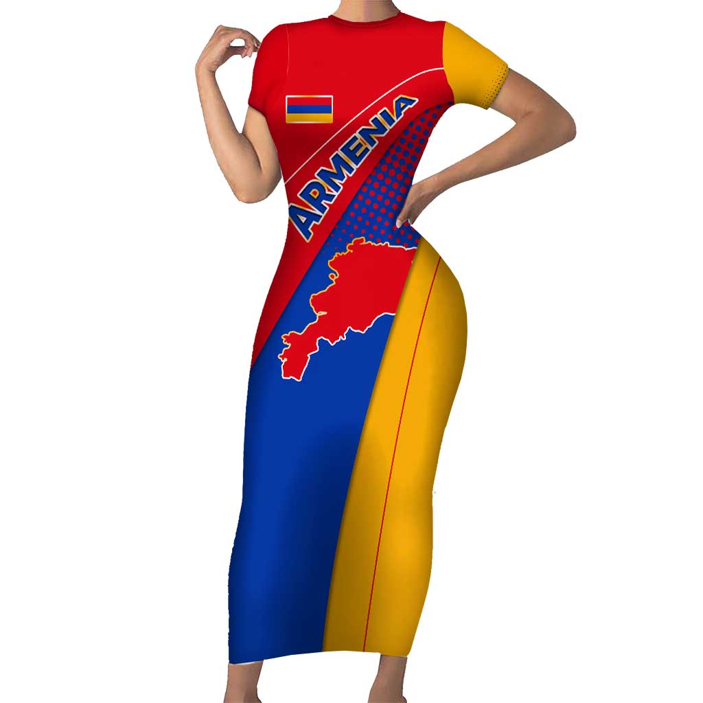 Armenia Flag Colors Short Sleeve Bodycon Dress with National Emblem and Map Design - Wonder Print Shop