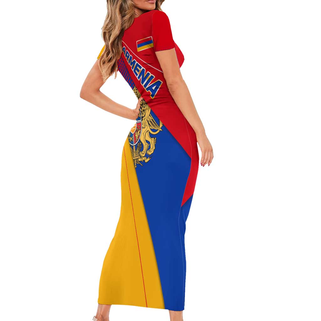 Armenia Flag Colors Short Sleeve Bodycon Dress with National Emblem and Map Design - Wonder Print Shop