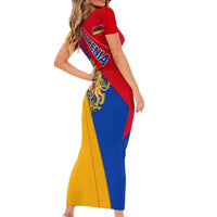 Armenia Flag Colors Short Sleeve Bodycon Dress with National Emblem and Map Design - Wonder Print Shop