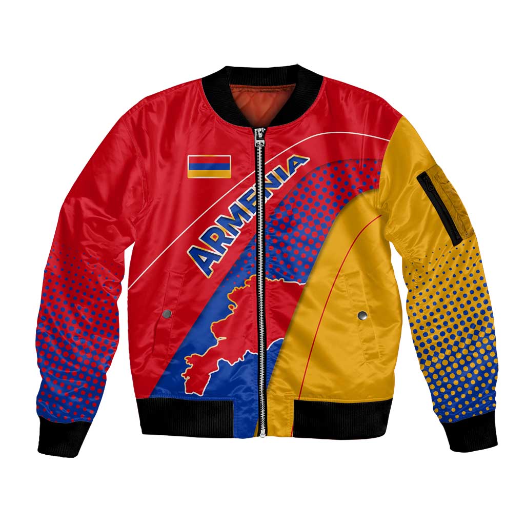 Armenia Flag Colors Sleeve Zip Bomber Jacket with National Emblem and Map Design - Wonder Print Shop