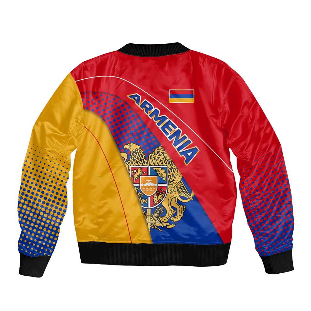 Armenia Flag Colors Sleeve Zip Bomber Jacket with National Emblem and Map Design - Wonder Print Shop
