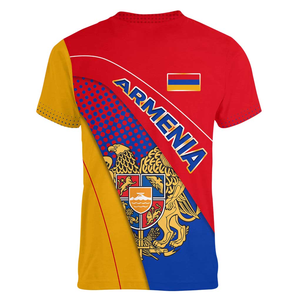 Armenia Flag Colors Women V-Neck T-Shirt with National Emblem and Map Design - Wonder Print Shop