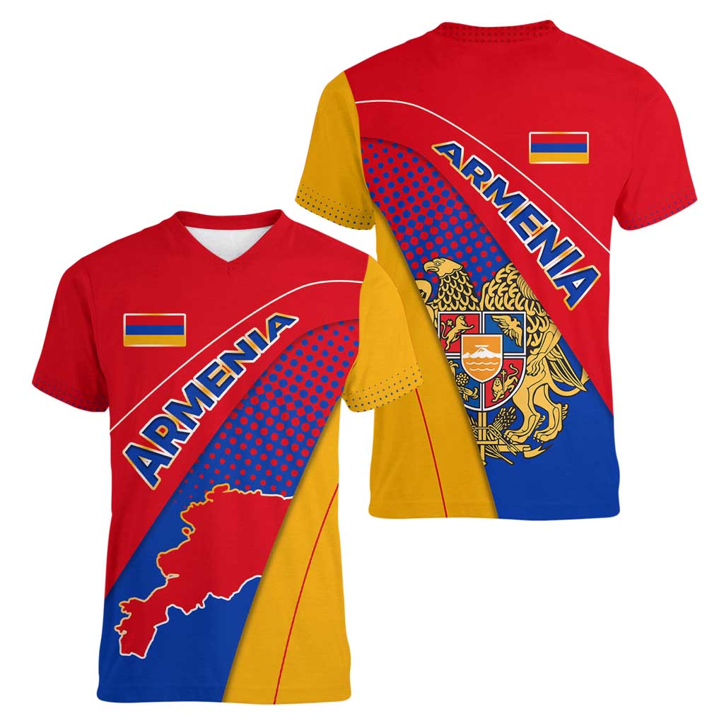 Armenia Flag Colors Women V-Neck T-Shirt with National Emblem and Map Design - Wonder Print Shop