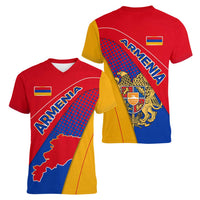Armenia Flag Colors Women V-Neck T-Shirt with National Emblem and Map Design - Wonder Print Shop