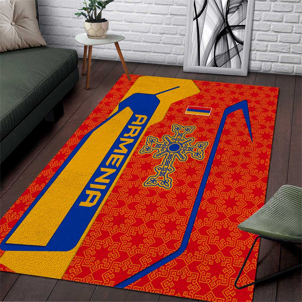 Armenia Flag-Inspired Area Rug with Ornamental Cross and Geometric Pattern Design - Wonder Print Shop