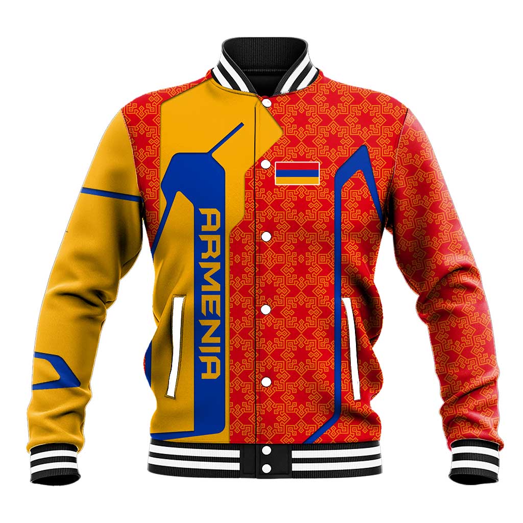 Armenia Flag-Inspired Baseball Jacket with Ornamental Cross and Geometric Pattern Design - Wonder Print Shop