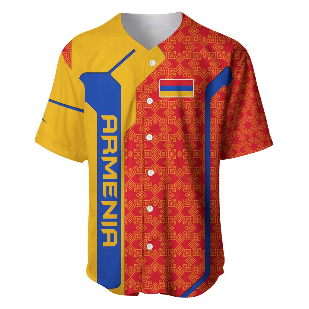 Armenia Flag-Inspired Baseball Jersey with Ornamental Cross and Geometric Pattern Design - Wonder Print Shop