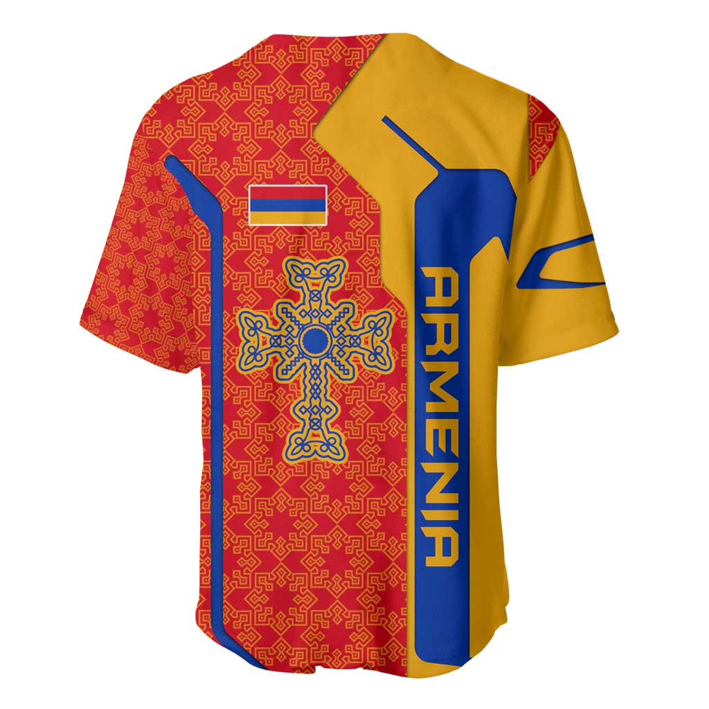 Armenia Flag-Inspired Baseball Jersey with Ornamental Cross and Geometric Pattern Design - Wonder Print Shop