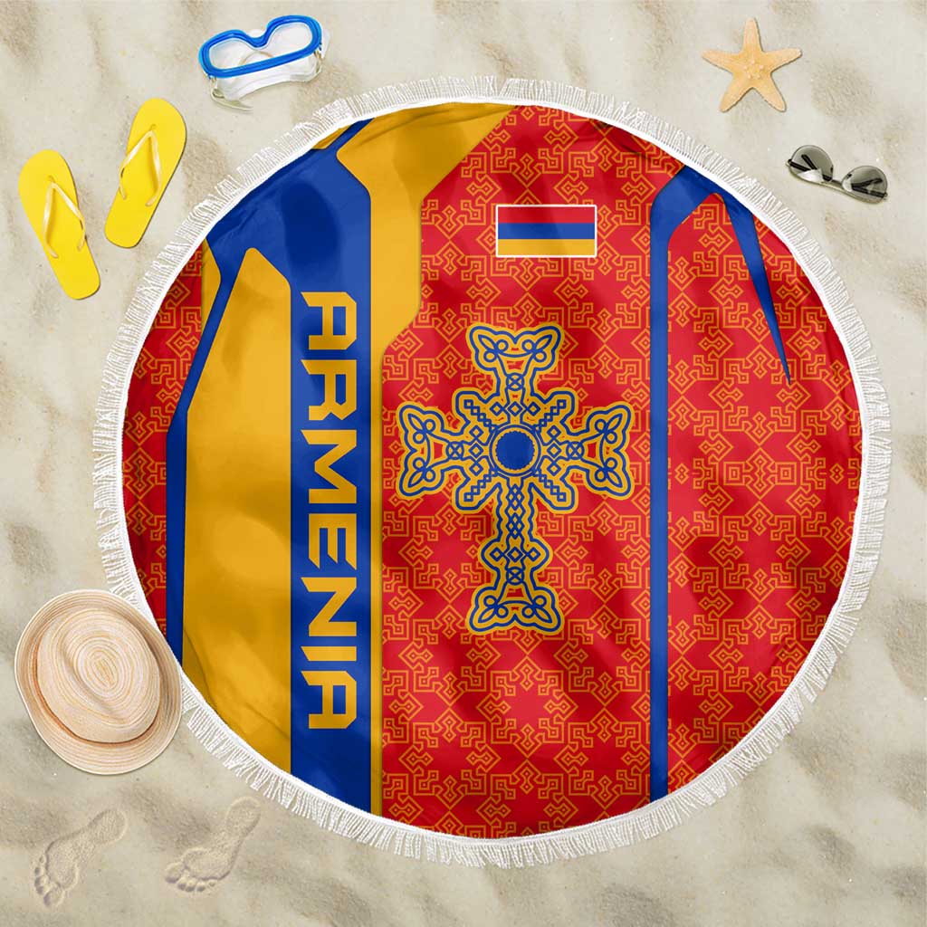 Armenia Flag-Inspired Beach Blanket with Ornamental Cross and Geometric Pattern Design - Wonder Print Shop