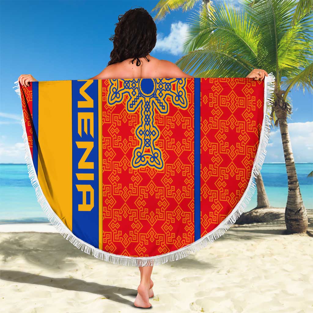 Armenia Flag-Inspired Beach Blanket with Ornamental Cross and Geometric Pattern Design - Wonder Print Shop