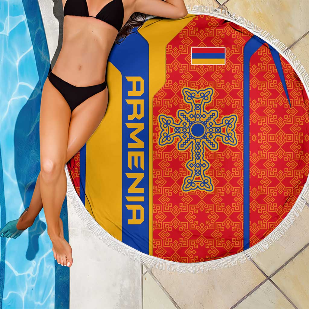 Armenia Flag-Inspired Beach Blanket with Ornamental Cross and Geometric Pattern Design - Wonder Print Shop