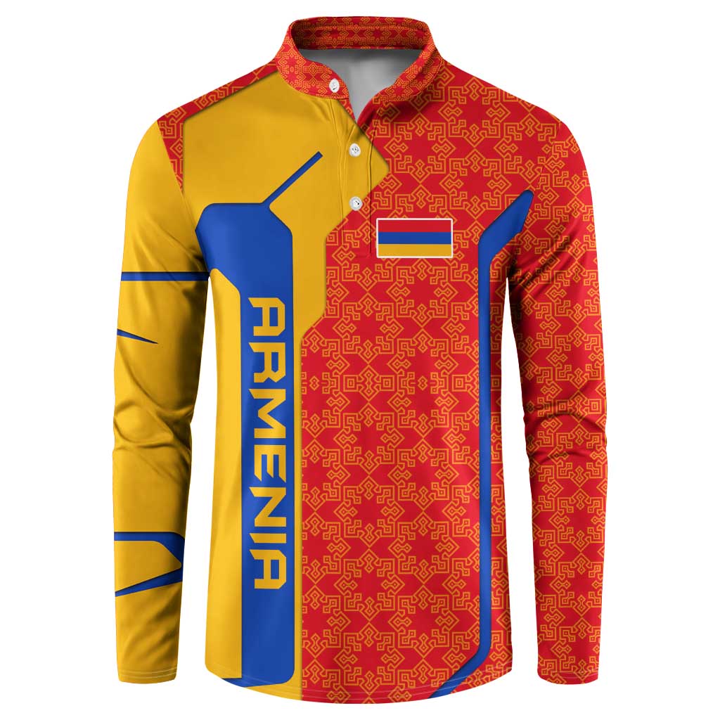 Armenia Flag-Inspired Button Sweatshirt with Ornamental Cross and Geometric Pattern Design - Wonder Print Shop