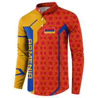 Armenia Flag-Inspired Button Sweatshirt with Ornamental Cross and Geometric Pattern Design - Wonder Print Shop