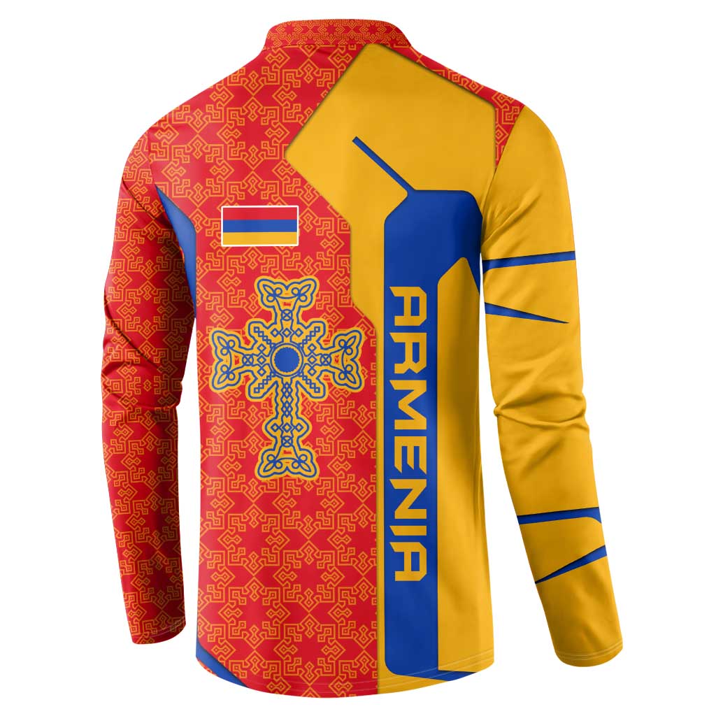 Armenia Flag-Inspired Button Sweatshirt with Ornamental Cross and Geometric Pattern Design - Wonder Print Shop