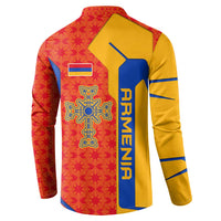 Armenia Flag-Inspired Button Sweatshirt with Ornamental Cross and Geometric Pattern Design - Wonder Print Shop