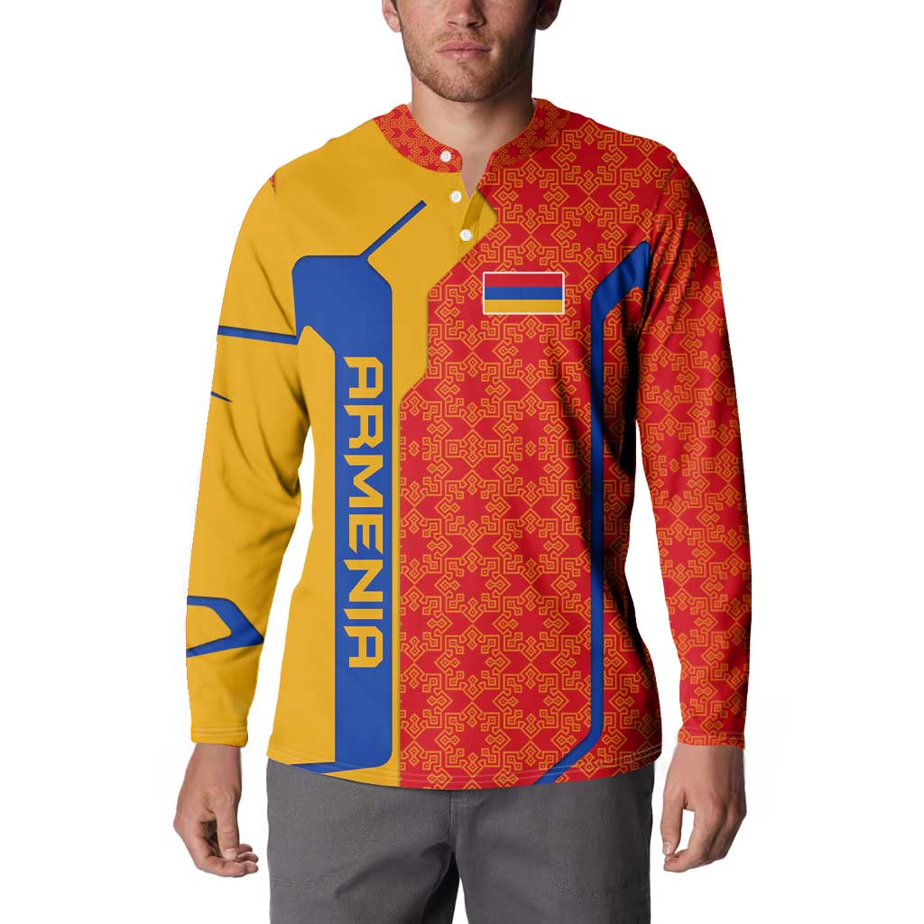 Armenia Flag-Inspired Button Sweatshirt with Ornamental Cross and Geometric Pattern Design - Wonder Print Shop