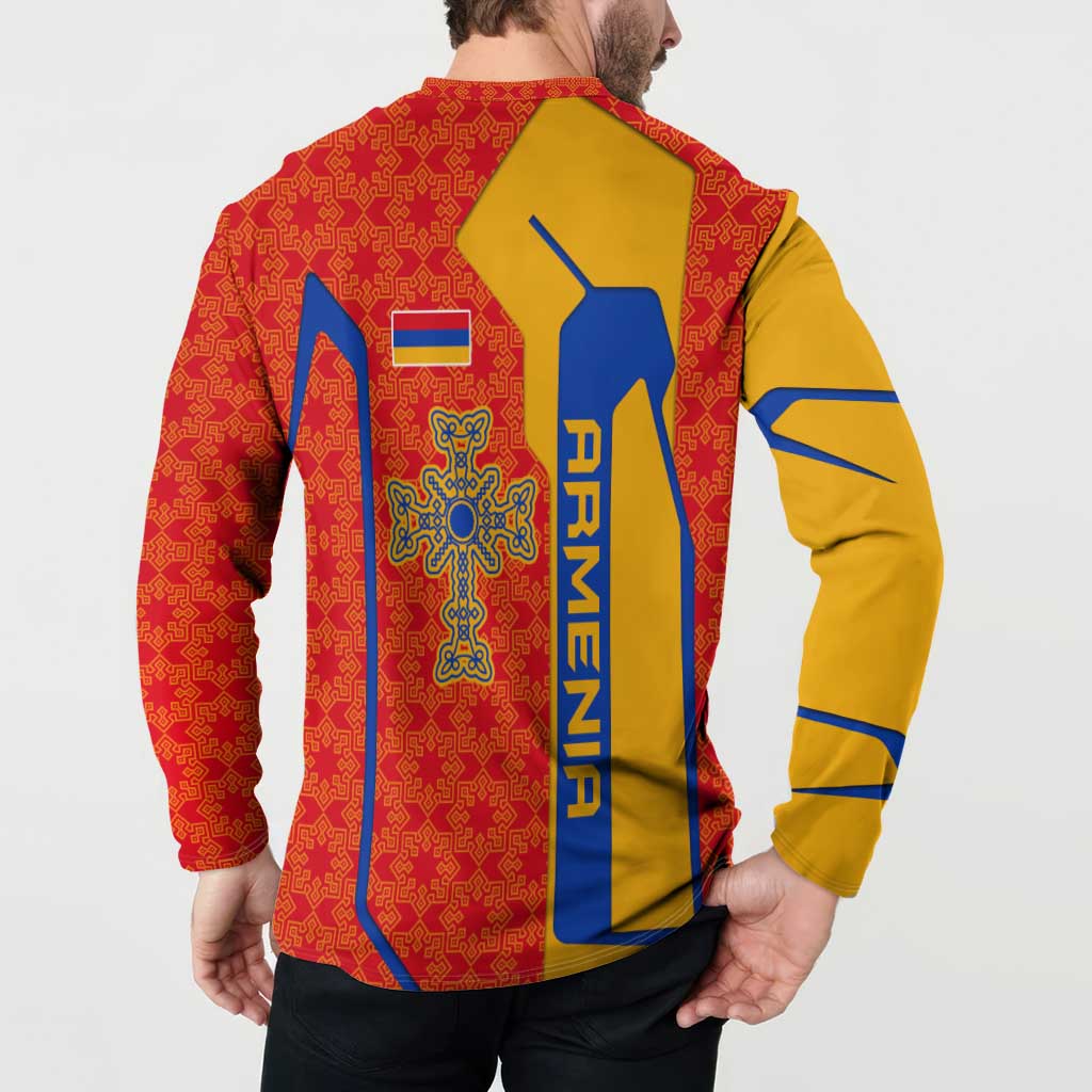 Armenia Flag-Inspired Button Sweatshirt with Ornamental Cross and Geometric Pattern Design - Wonder Print Shop