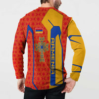 Armenia Flag-Inspired Button Sweatshirt with Ornamental Cross and Geometric Pattern Design - Wonder Print Shop