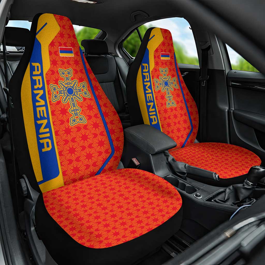 Armenia Flag-Inspired Car Seat Cover with Ornamental Cross and Geometric Pattern Design - Wonder Print Shop