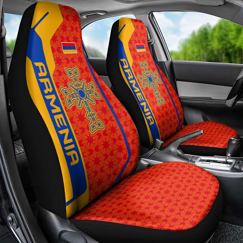 Armenia Flag-Inspired Car Seat Cover with Ornamental Cross and Geometric Pattern Design - Wonder Print Shop