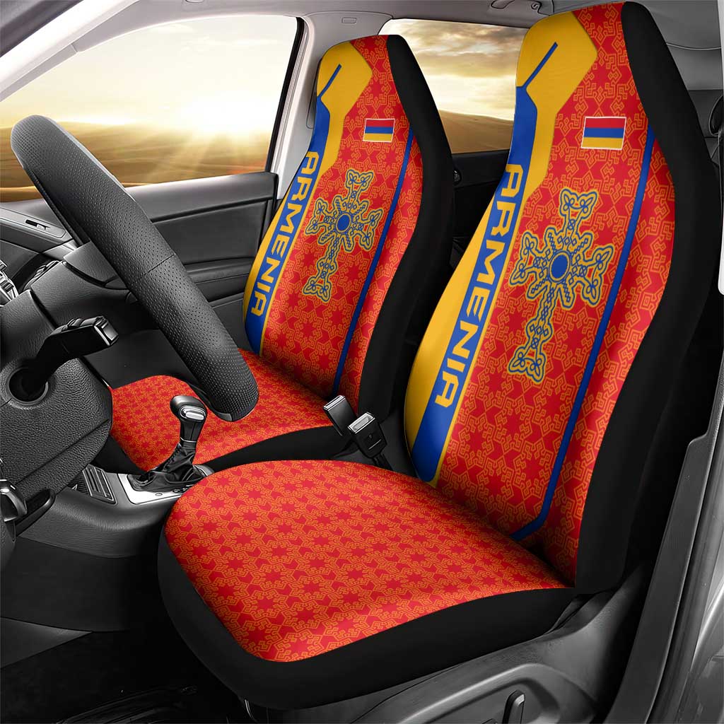 Armenia Flag-Inspired Car Seat Cover with Ornamental Cross and Geometric Pattern Design - Wonder Print Shop