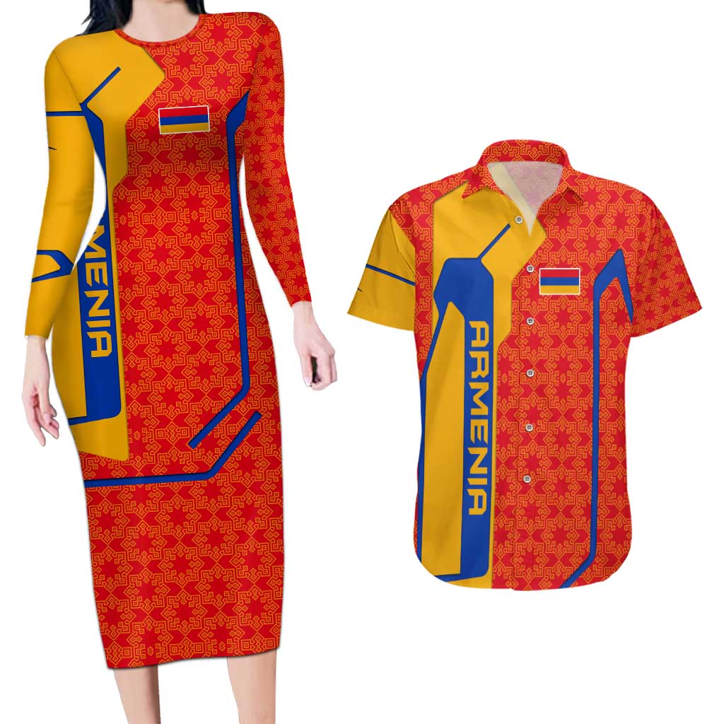 Armenia Flag-Inspired Couples Matching Long Sleeve Bodycon Dress and Hawaiian Shirt with Ornamental Cross and Geometric Pattern Design - Wonder Print Shop