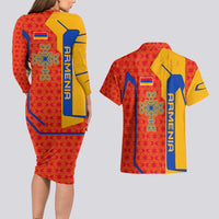Armenia Flag-Inspired Couples Matching Long Sleeve Bodycon Dress and Hawaiian Shirt with Ornamental Cross and Geometric Pattern Design - Wonder Print Shop