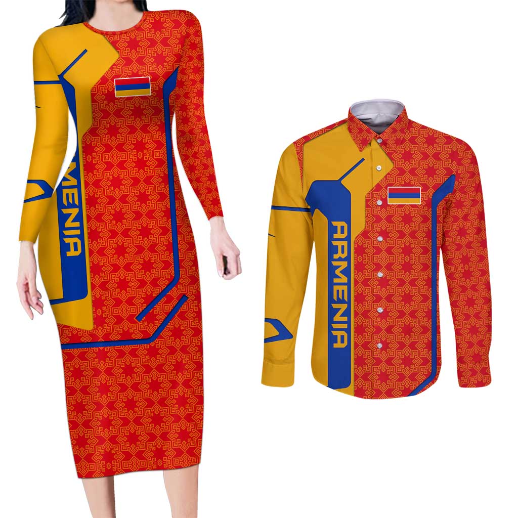 Armenia Flag-Inspired Couples Matching Long Sleeve Bodycon Dress and Long Sleeve Button Shirt with Ornamental Cross and Geometric Pattern Design - Wonder Print Shop