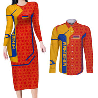 Armenia Flag-Inspired Couples Matching Long Sleeve Bodycon Dress and Long Sleeve Button Shirt with Ornamental Cross and Geometric Pattern Design - Wonder Print Shop