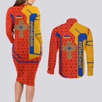 Armenia Flag-Inspired Couples Matching Long Sleeve Bodycon Dress and Long Sleeve Button Shirt with Ornamental Cross and Geometric Pattern Design - Wonder Print Shop