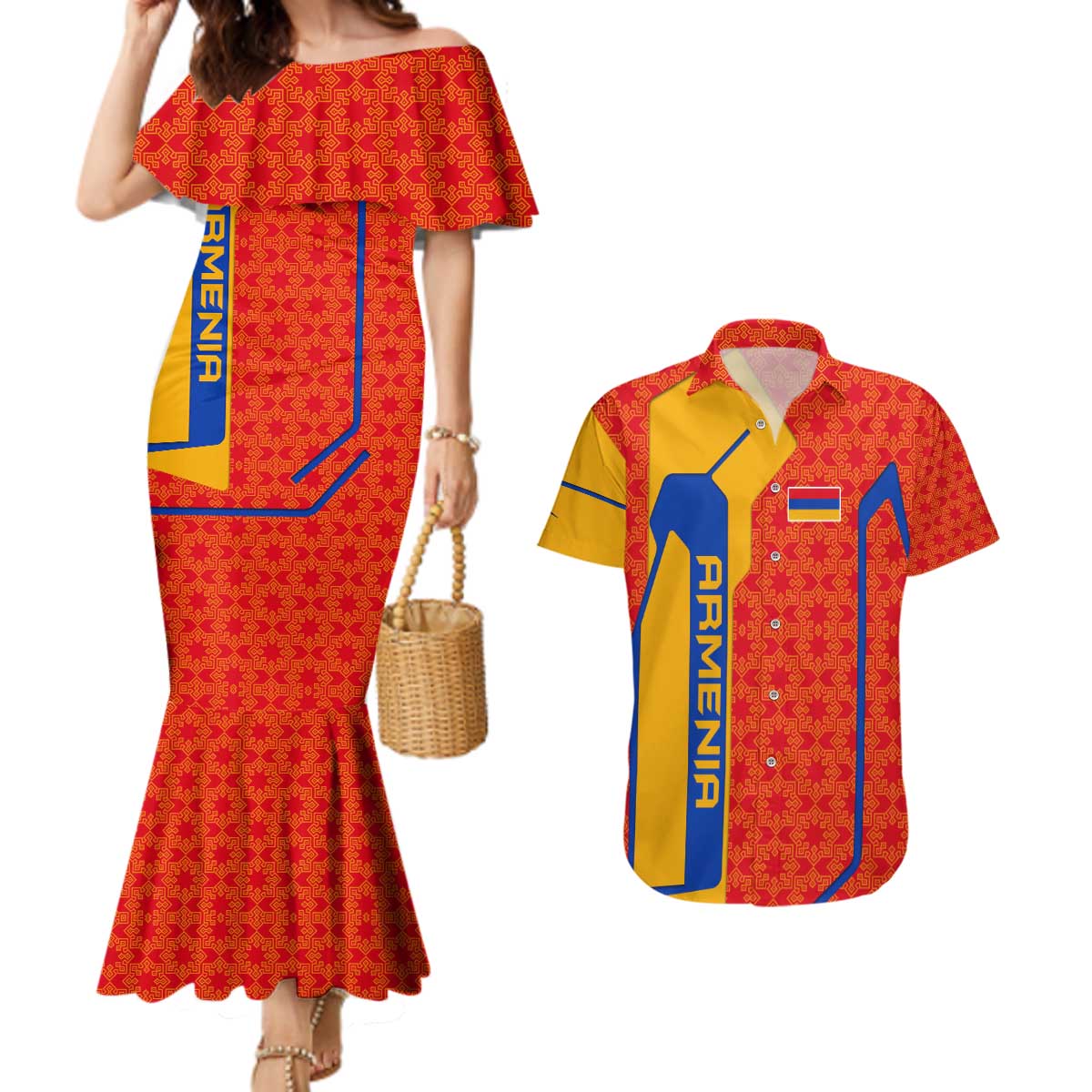Armenia Flag-Inspired Couples Matching Mermaid Dress and Hawaiian Shirt with Ornamental Cross and Geometric Pattern Design - Wonder Print Shop