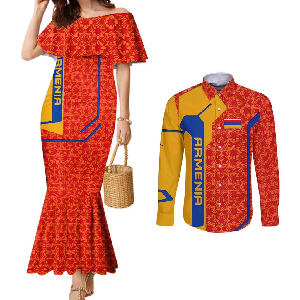 Armenia Flag-Inspired Couples Matching Mermaid Dress and Long Sleeve Button Shirt with Ornamental Cross and Geometric Pattern Design - Wonder Print Shop