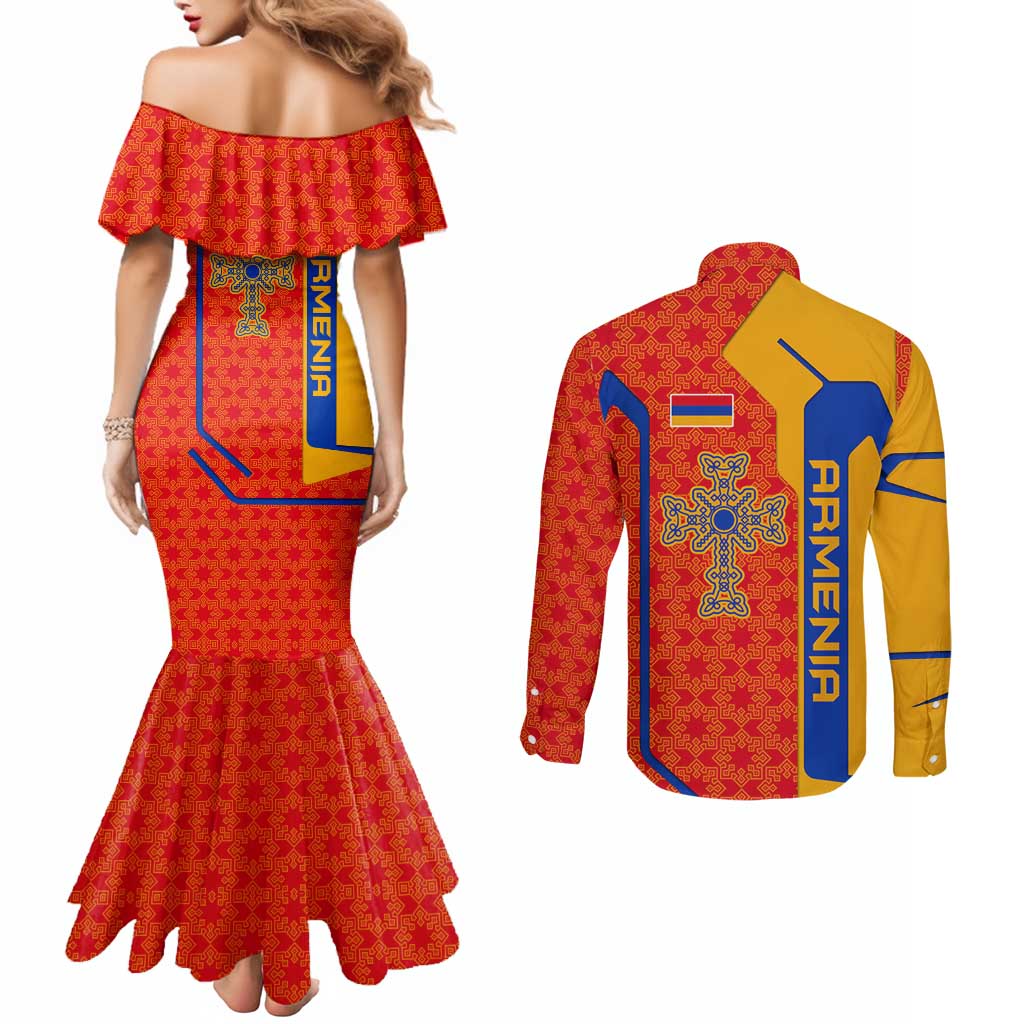 Armenia Flag-Inspired Couples Matching Mermaid Dress and Long Sleeve Button Shirt with Ornamental Cross and Geometric Pattern Design - Wonder Print Shop