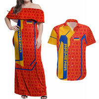 Armenia Flag-Inspired Couples Matching Off Shoulder Maxi Dress and Hawaiian Shirt with Ornamental Cross and Geometric Pattern Design - Wonder Print Shop