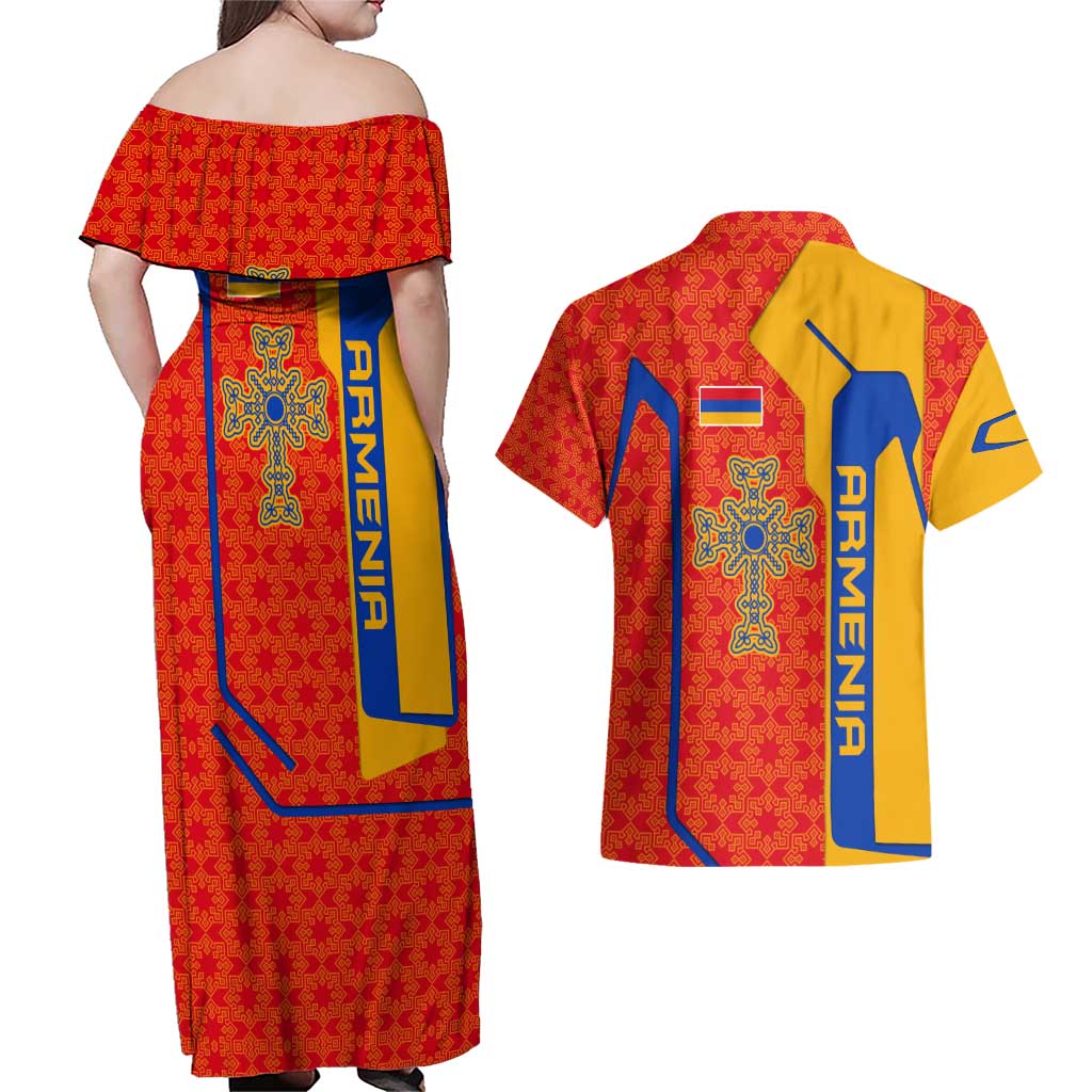 Armenia Flag-Inspired Couples Matching Off Shoulder Maxi Dress and Hawaiian Shirt with Ornamental Cross and Geometric Pattern Design - Wonder Print Shop