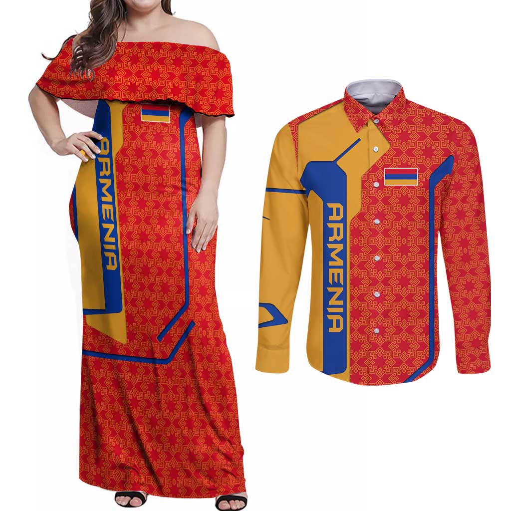 Armenia Flag-Inspired Couples Matching Off Shoulder Maxi Dress and Long Sleeve Button Shirt with Ornamental Cross and Geometric Pattern Design - Wonder Print Shop