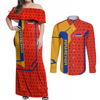 Armenia Flag-Inspired Couples Matching Off Shoulder Maxi Dress and Long Sleeve Button Shirt with Ornamental Cross and Geometric Pattern Design - Wonder Print Shop