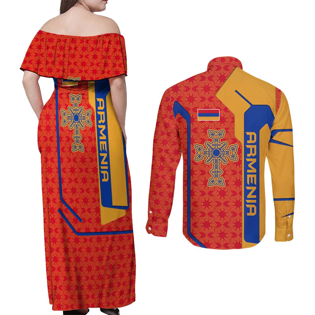 Armenia Flag-Inspired Couples Matching Off Shoulder Maxi Dress and Long Sleeve Button Shirt with Ornamental Cross and Geometric Pattern Design - Wonder Print Shop