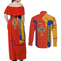 Armenia Flag-Inspired Couples Matching Off Shoulder Maxi Dress and Long Sleeve Button Shirt with Ornamental Cross and Geometric Pattern Design - Wonder Print Shop