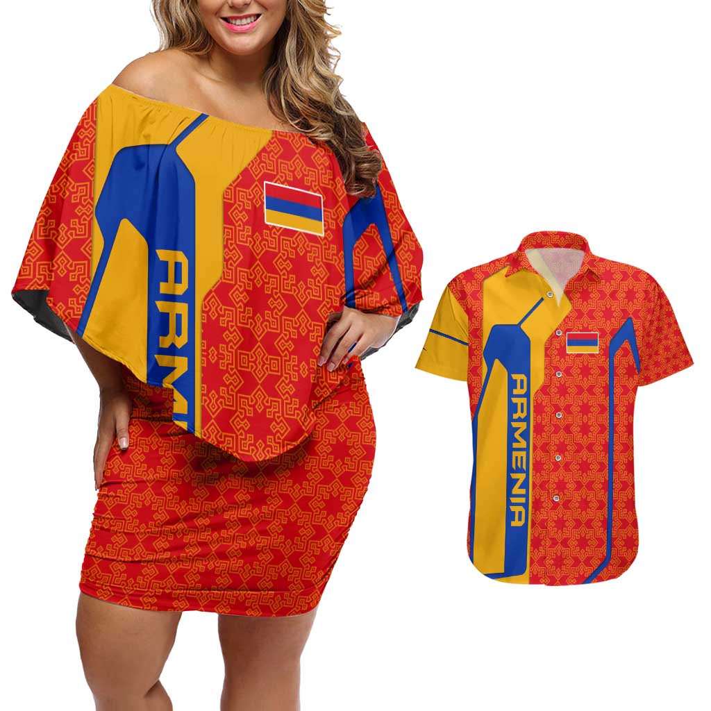 Armenia Flag-Inspired Couples Matching Off Shoulder Short Dress and Hawaiian Shirt with Ornamental Cross and Geometric Pattern Design - Wonder Print Shop