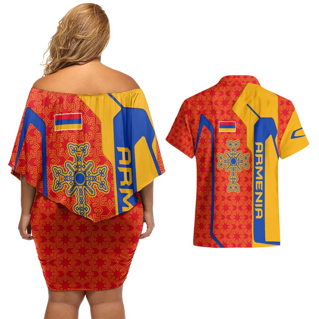 Armenia Flag-Inspired Couples Matching Off Shoulder Short Dress and Hawaiian Shirt with Ornamental Cross and Geometric Pattern Design - Wonder Print Shop